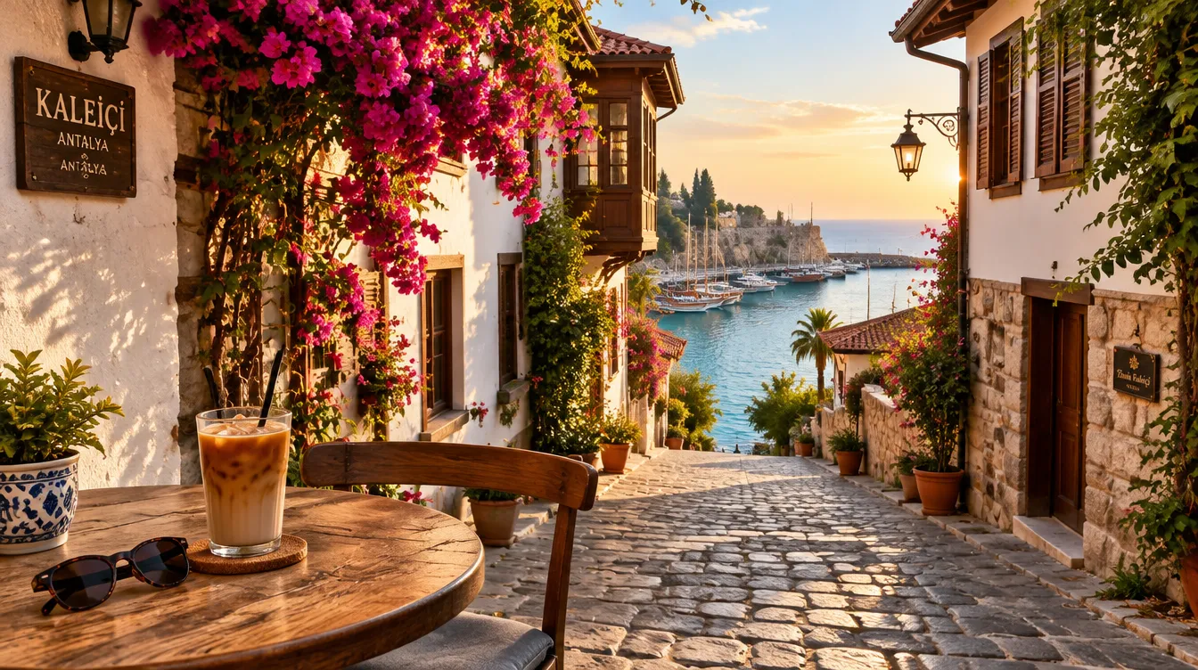 A quiet lane in Kaleiçi, Antalya's old town, with a café table and a view of the harbour