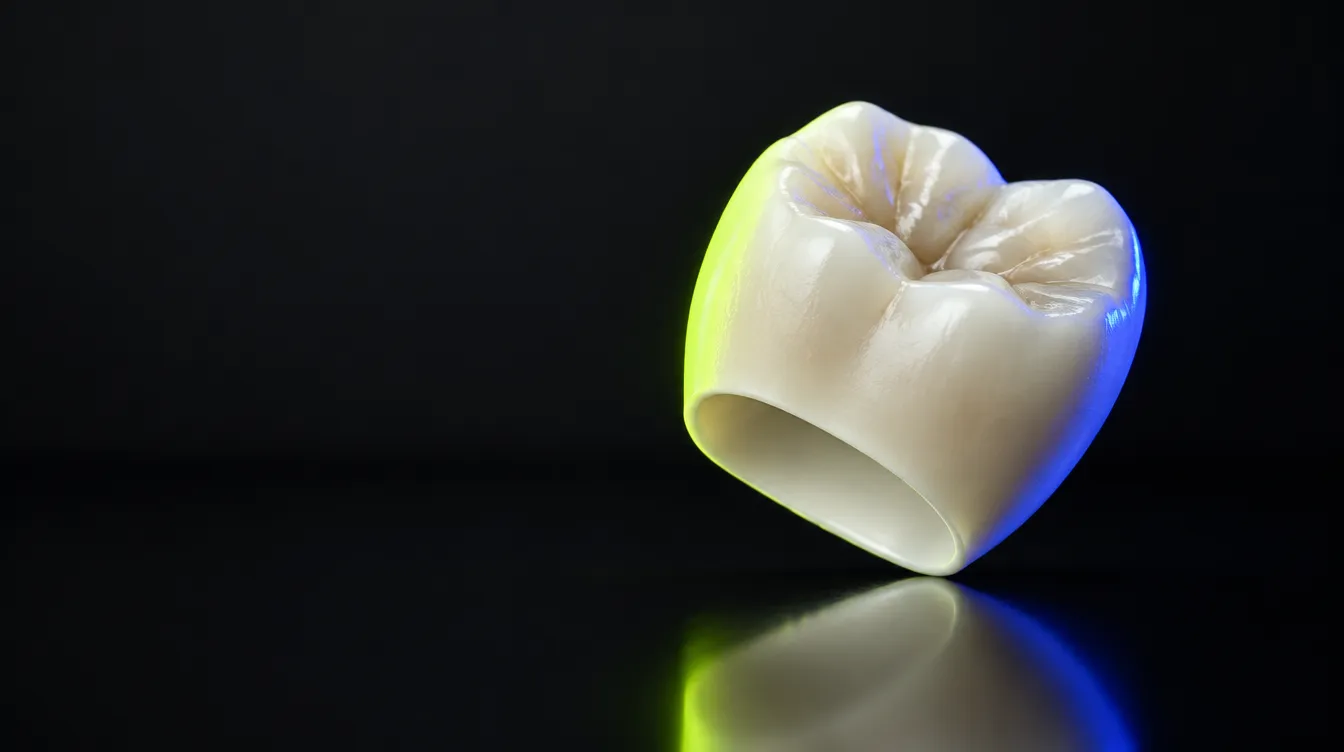 Illustration of a zirconia dental crown lit in lime and blue