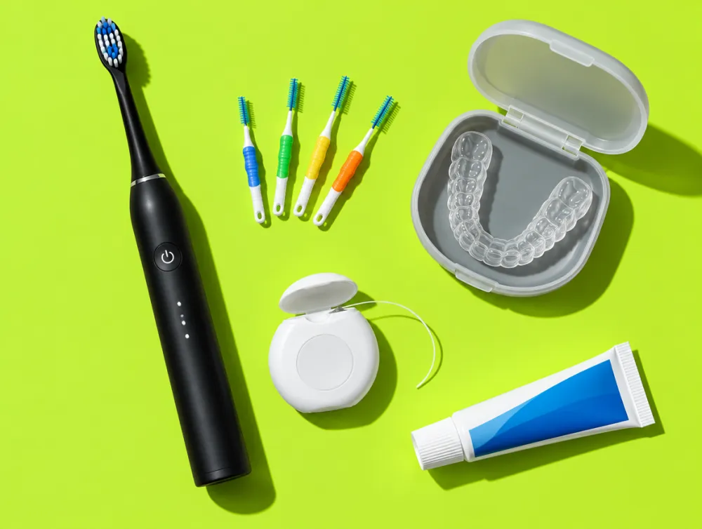 Flat lay of an electric toothbrush, interdental brushes, floss and a night guard case
