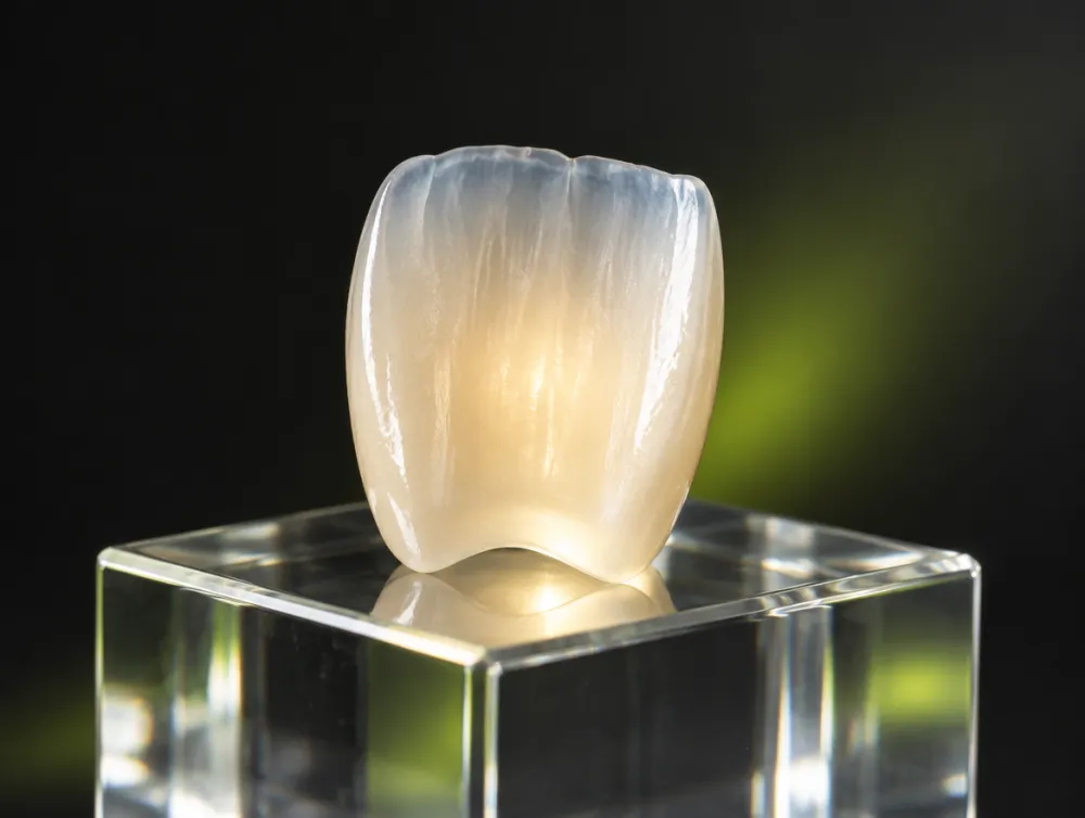 Illustration of a translucent glass-ceramic front-tooth crown with light passing through it