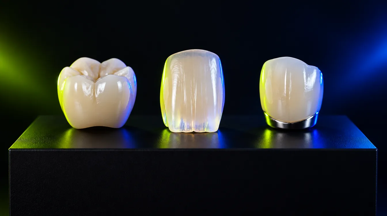 Illustration of three crown types side by side: zirconia, glass-ceramic and metal-ceramic