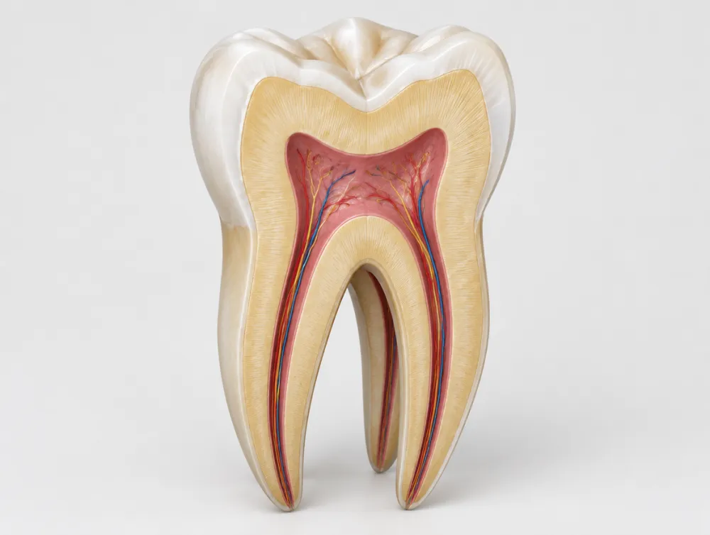 Anatomical illustration of a molar cut in half showing enamel, dentine and pulp