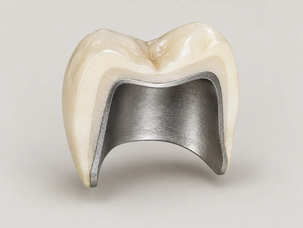 Cutaway illustration of a porcelain-fused-to-metal crown showing a metal shell under porcelain