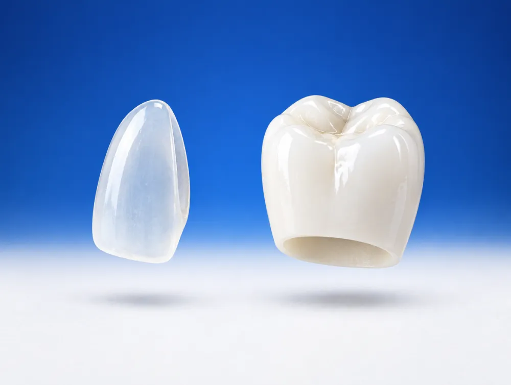 Illustration of a thin veneer shell next to a full crown cap